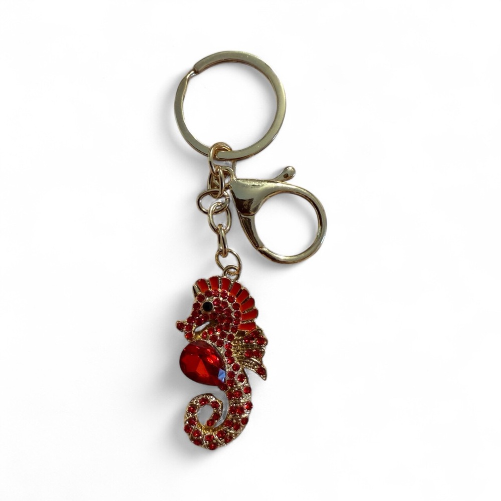 Sparkly Red Seahorse Keychain with Tear Drop Charm.